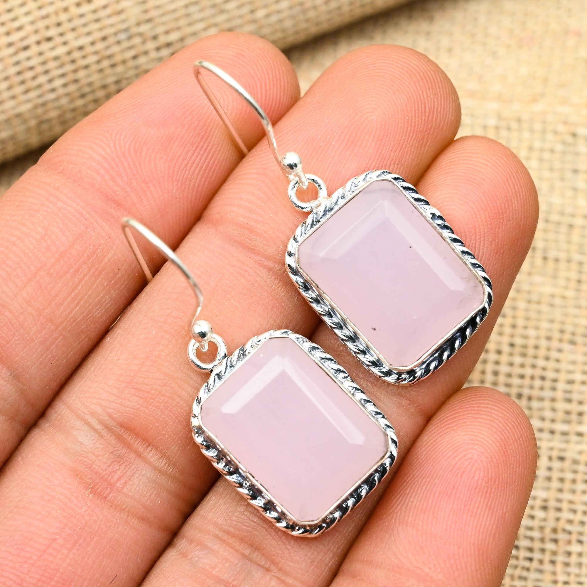 Pink Chalcedony Gemstone 925 Sterling Silver Handmade Lovely Jewelry Earrings For Women
