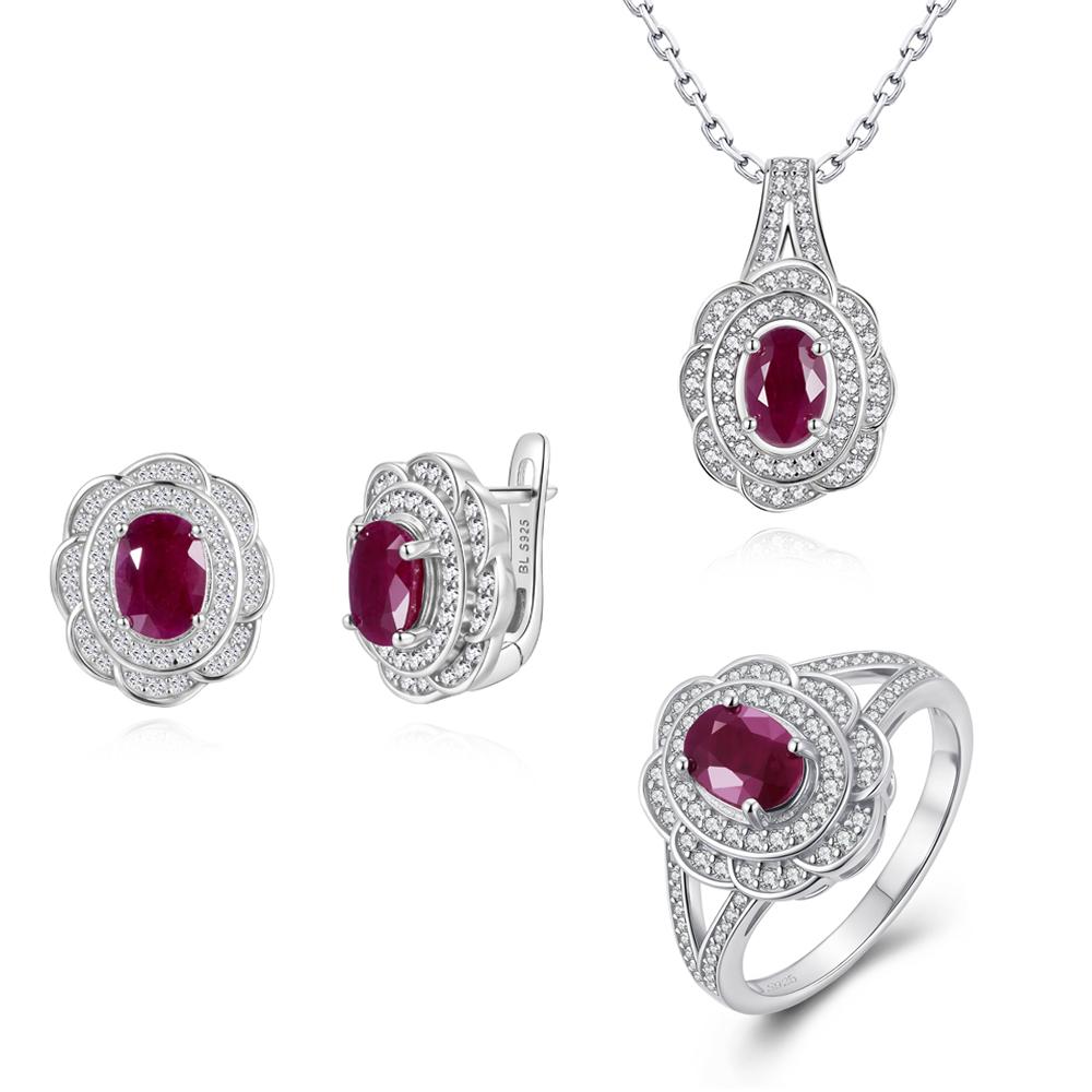 Flower design Natural longrido ruby Ring Earrings Pendant Necklace Set 925 sterling silver jewelry for women's daily party gifts