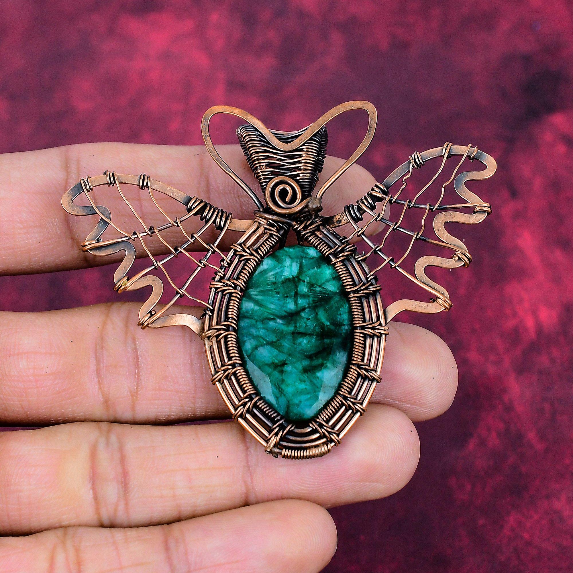 Faceted Zambian Emerald Gemstone Pendant Copper Wire Wrapped Butterfly Pendant